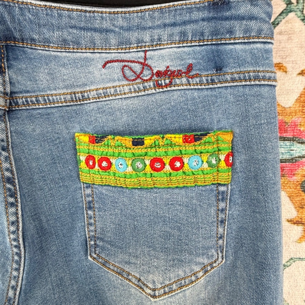 Desigual Maternity Jeans Light Wash Embroidered Patchwork Mirror Detail Boho - Picture 11 of 15
